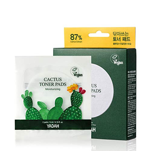  Yadah Cactus Toner Pads, 20 Count (2ea X 10) - Individually Wrapped Cruelty Free Facial Cleansing Exfoliator Toning Hydrating Wipes