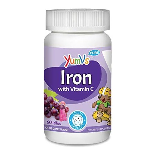  YumVs Iron Jellies/Gummy Bears for Kids w/Vitamin C, Grape Flavor Chewables; Daily Dietary Supplement for Children, Vegan, Kosher/Halal, Gluten Free (60 Ct)