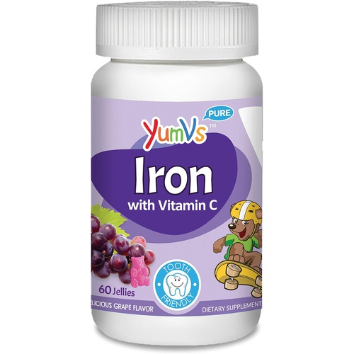  YumVs Iron Jellies/Gummy Bears for Kids w/Vitamin C, Grape Flavor Chewables; Daily Dietary Supplement for Children, Vegan, Kosher/Halal, Gluten Free (60 Ct)