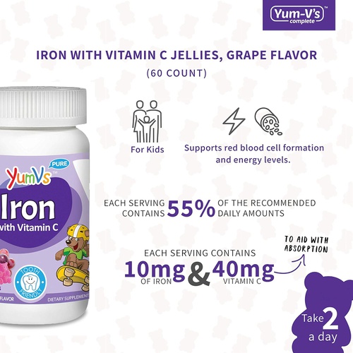  YumVs Iron Jellies/Gummy Bears for Kids w/Vitamin C, Grape Flavor Chewables; Daily Dietary Supplement for Children, Vegan, Kosher/Halal, Gluten Free (60 Ct)