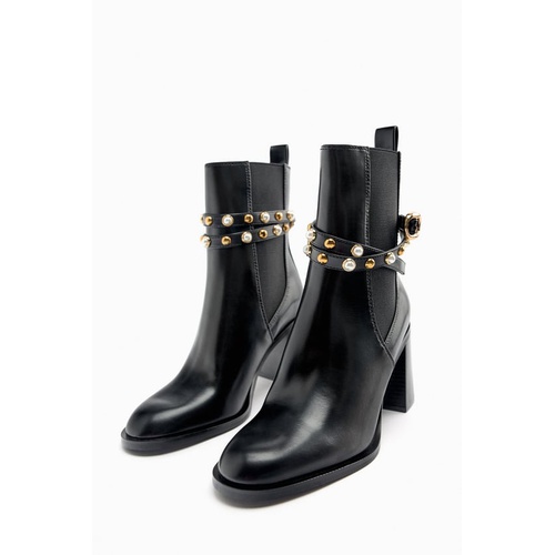 자라 Zara PEARL BLOCK HEEL ANKLE BOOTS