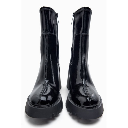 자라 Zara FAUX PATENT LEATHER HEELED LUG SOLE ANKLE BOOTS