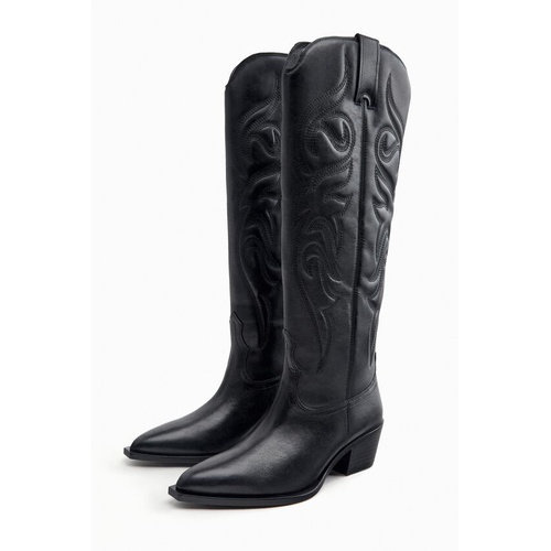 자라 Zara KNEE HIGH EMBROIDERED LEATHER COWBOY BOOTS