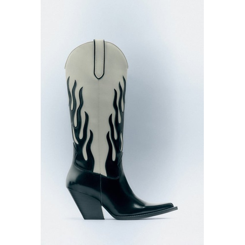 자라 Zara MID-CALF CONTRASTING FLAME COWBOY BOOTS