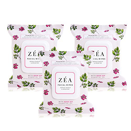  Zea Makeup Remover Wipes Infused with Rose Hip Essential Oil | New & Improved | Alcohol-Free | Paraben-Free | 30 Wipes Per Package | 3 Packages Total (ZEA 30ct)