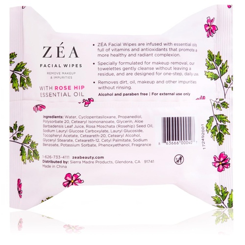  Zea Makeup Remover Wipes Infused with Rose Hip Essential Oil | New & Improved | Alcohol-Free | Paraben-Free | 30 Wipes Per Package | 3 Packages Total (ZEA 30ct)