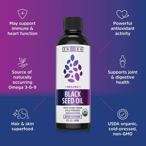  Zhou Nutrition Zhou Organic Black Seed Oil 100% Virgin Cold Pressed Omega 3 6 9 Super Antioxidant for Immune Support, Joints, Digestion, Hair & Skin Vegan, Gluten-Free, Non-GMO 8oz
