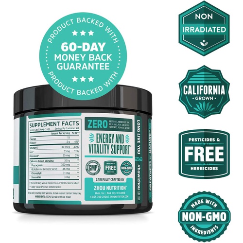  Zhou Nutrition Zhou Spirulina Powder, Nutrient Rich Superfood, California Grown, 100% Pure, Vegan, Gluten Free, Non-GMO, Non-Irradiated, Perfect for Smoothies, Juices, 48 Servings, 6 oz