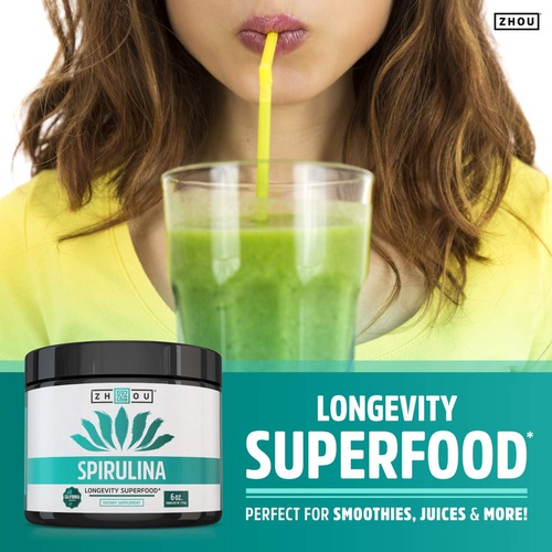  Zhou Nutrition Zhou Spirulina Powder, Nutrient Rich Superfood, California Grown, 100% Pure, Vegan, Gluten Free, Non-GMO, Non-Irradiated, Perfect for Smoothies, Juices, 48 Servings, 6 oz
