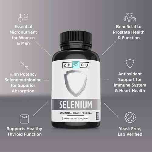  Zhou Nutrition Zhou Selenium 200mcg for Thyroid, Prostate and Heart Health Essential Trace Mineral with Superior Absorption No Yeast 100 Veg Caps