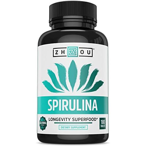  Zhou Nutrition Spirulina Tablets, Sustainably Grown in California, Nutrient-Packed Superfood, Vitamins, Vegan Protein, Amino Acids, Non-Irradiated, Gluten Free, Non-GMO, 30 Serving