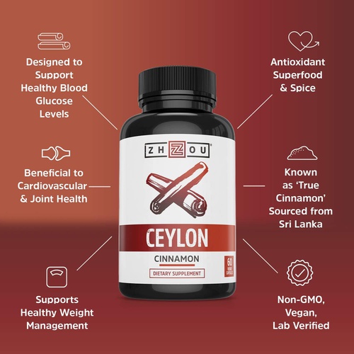  Zhou Nutrition Zhou Ceylon Cinnamon Supports Heart Health and Joint Mobility True Cinnamon Native to Sri Lanka 30 Servings, 60 CT