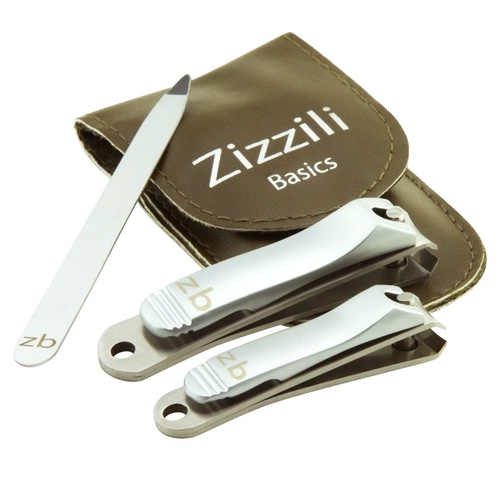  Nail Clippers by Zizzili Basics - 3 Piece Nail Clipper Set - Stainless Steel Fingernail & Toenail Clippers with Nail File and Brown Travel Case - Best Nail Care for Men, Women, Man