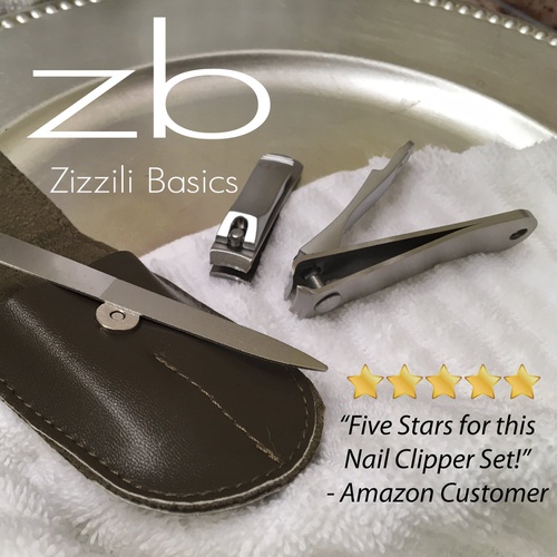 Nail Clippers by Zizzili Basics - 3 Piece Nail Clipper Set - Stainless Steel Fingernail & Toenail Clippers with Nail File and Brown Travel Case - Best Nail Care for Men, Women, Man