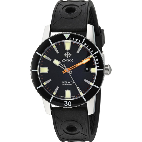  Zodiac Mens Super Seawolf 53 Comp Stainless Steel Swiss-Automatic Watch with Rubber Strap, Black, 18 (Model: ZO9256)
