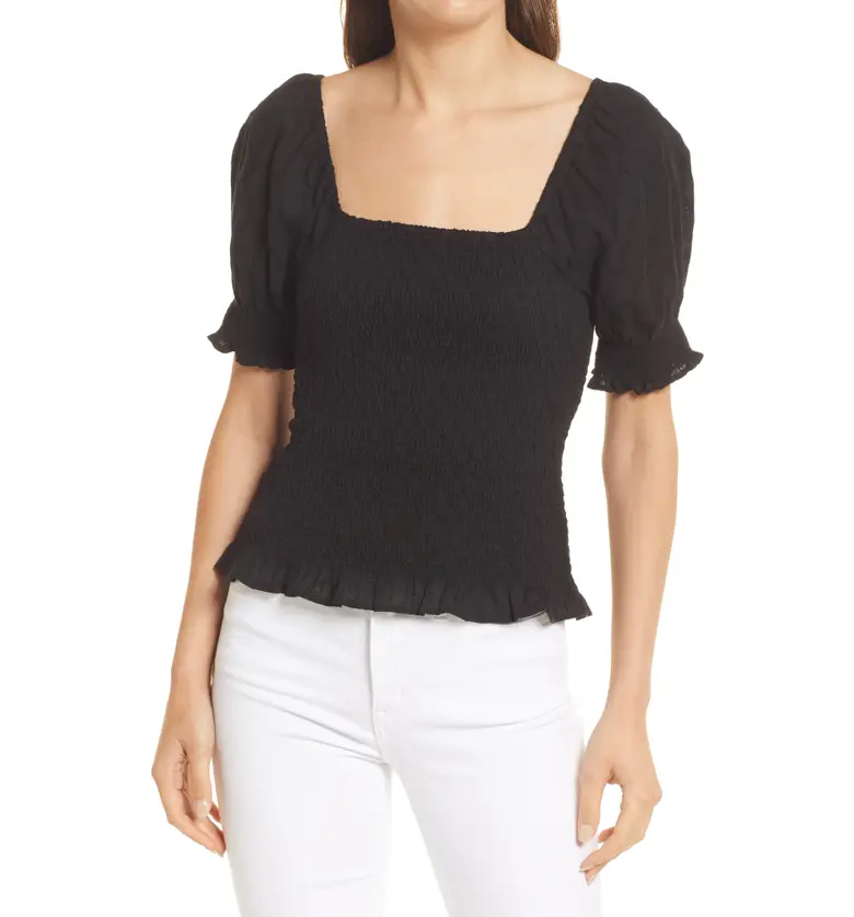 Madewell Lucie Puff-Sleeve Smocked Bodice Top_BLACK ON BLACK DOBBY