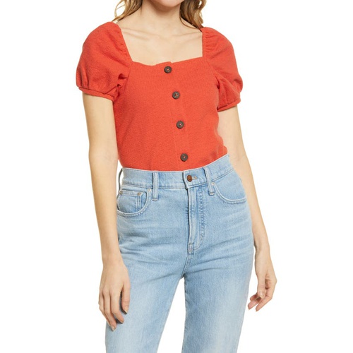 메이드웰 Madewell Womens Jacquard Square Neck Puff Sleeve Top_RUSTED CLAY