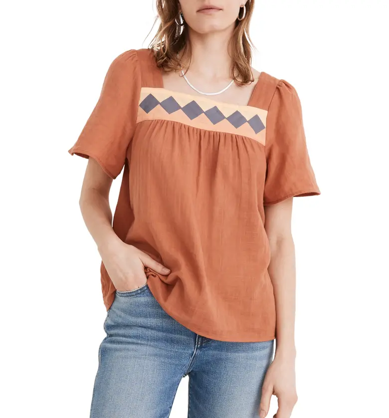 Madewell Patchwork Square Neck Top_BURNT CLAY